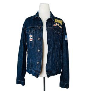 Gap Men's S SmallTrucker Jean Jacket 1969 Dark Indigo Denim Wyoming Patches Flag